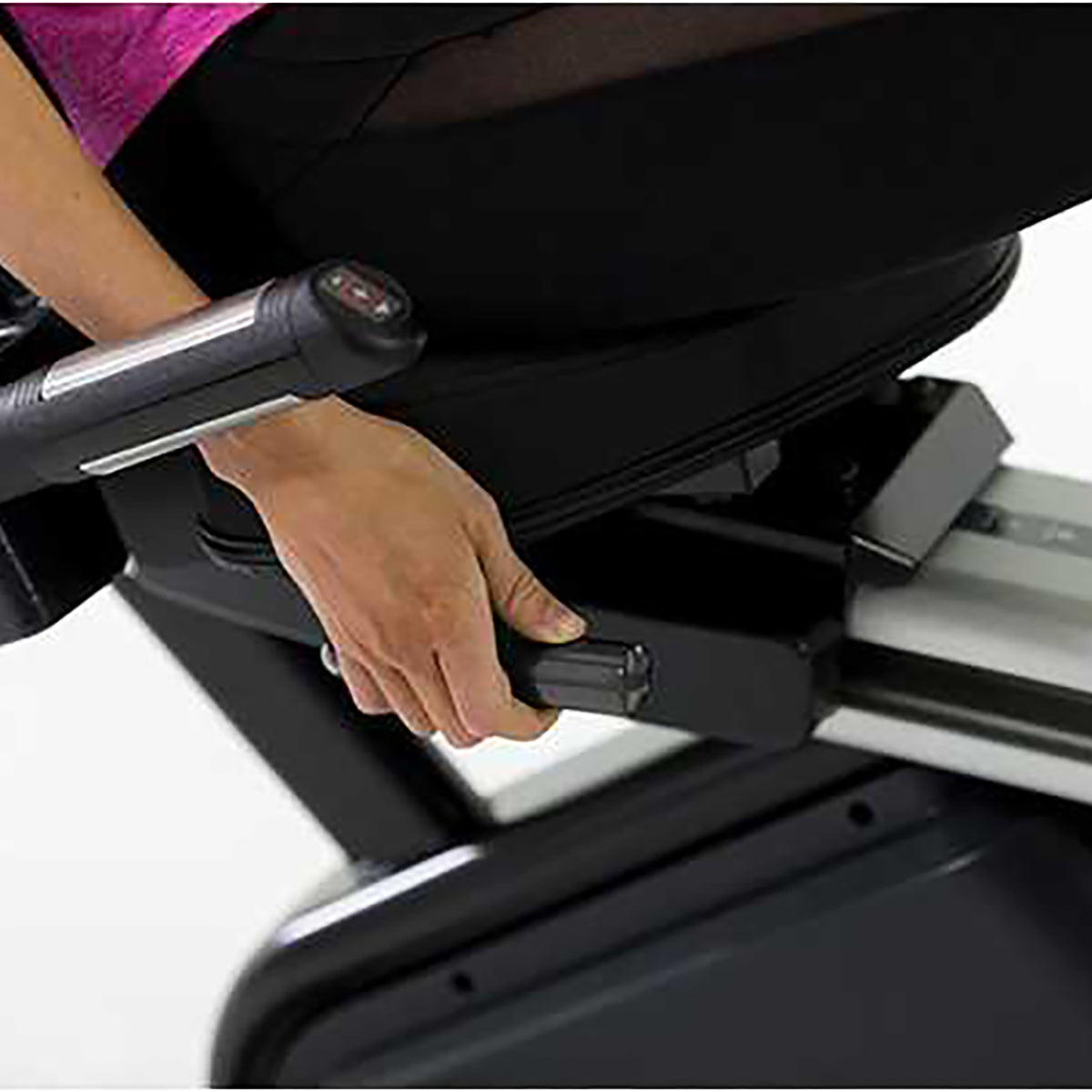 Gym Gear R98e Entertainment Recumbent Bike GG-RB-001, Close up of the easy button control to adjust the chair