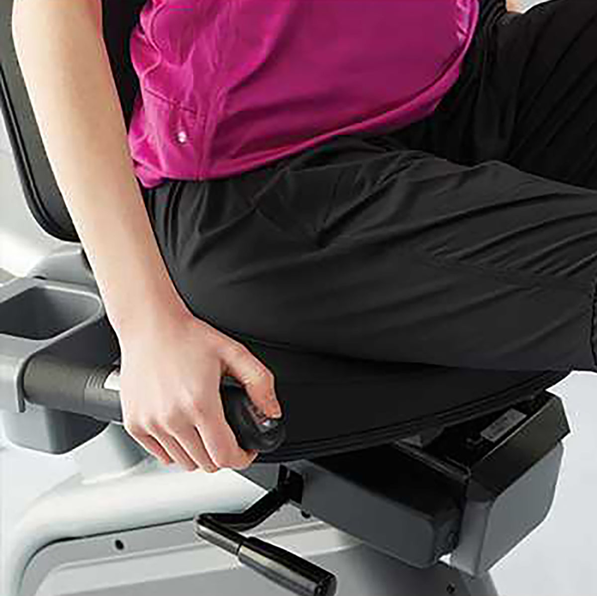 Gym Gear R98e Entertainment Recumbent Bike GG-RB-001 close up of the HR Sensor Telemetry and speed adjust button