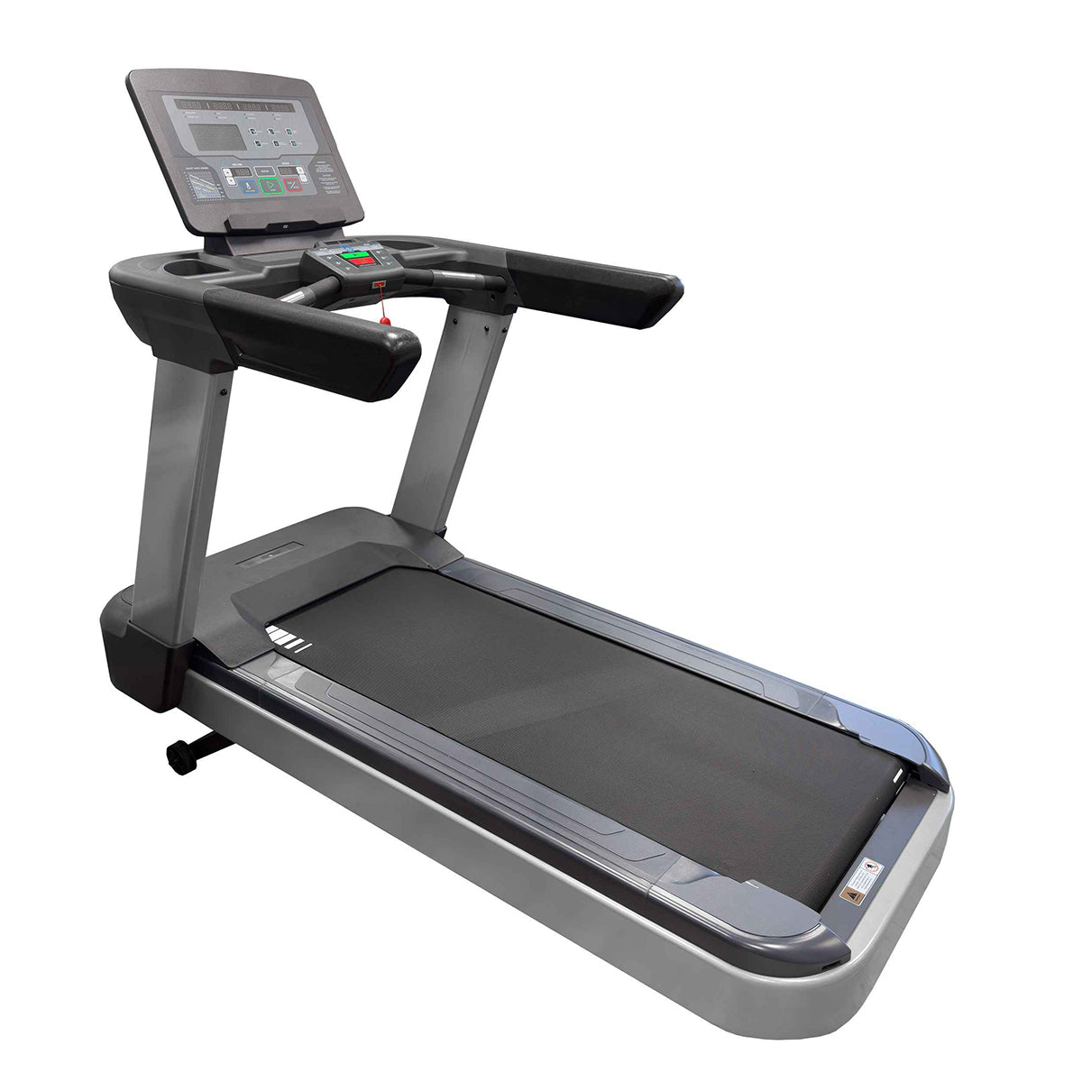 Encore AC4000 Treadmill GG-T-011 in black. Full view of the machine with the transportation wheels up