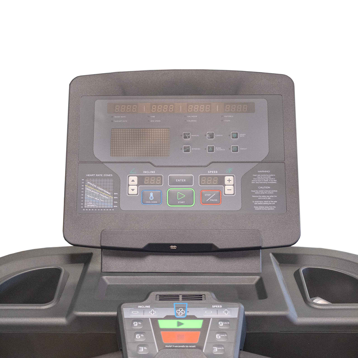 Encore AC4000 Treadmill GG-T-011 in black. Close up view of the control monitor