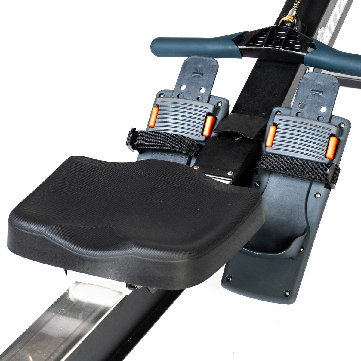 Attack Fitness Indoor Rowing Machine, close up view of seat and foot straps for the side