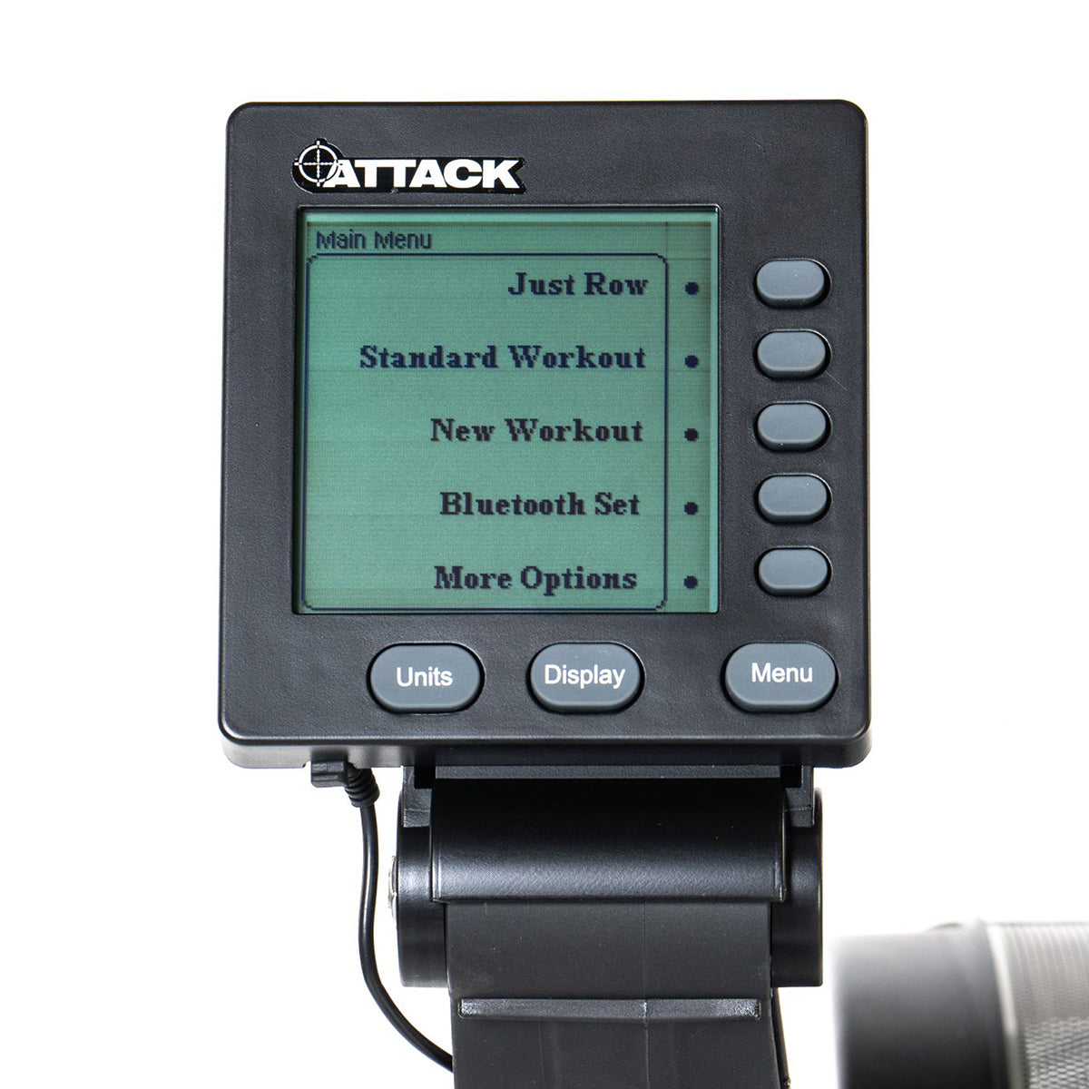 Attack Fitness Indoor Rowing Machine, close up view of the control monitor 