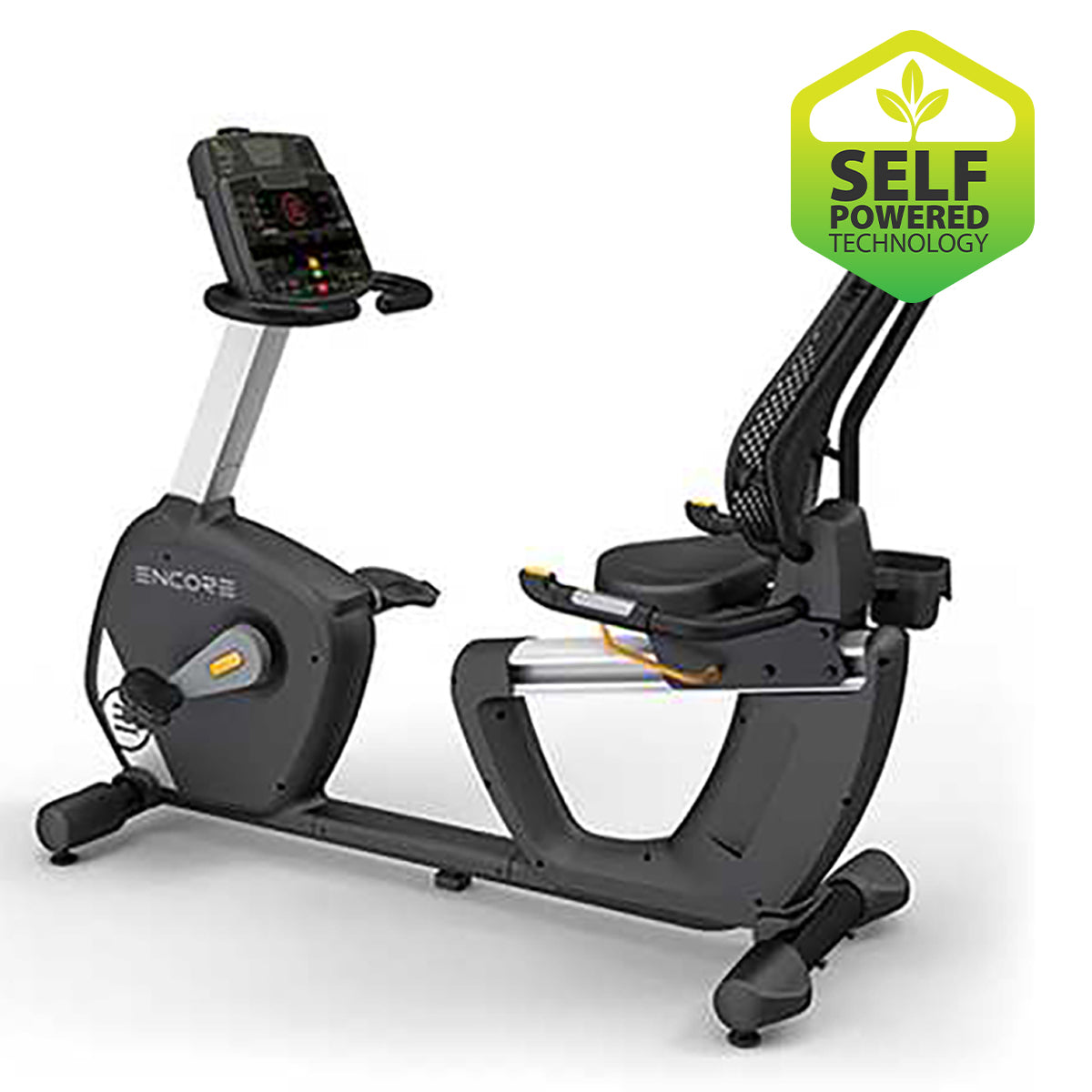 Encore Recumbent Bike GG-RB-010 in black. Full view of the machine