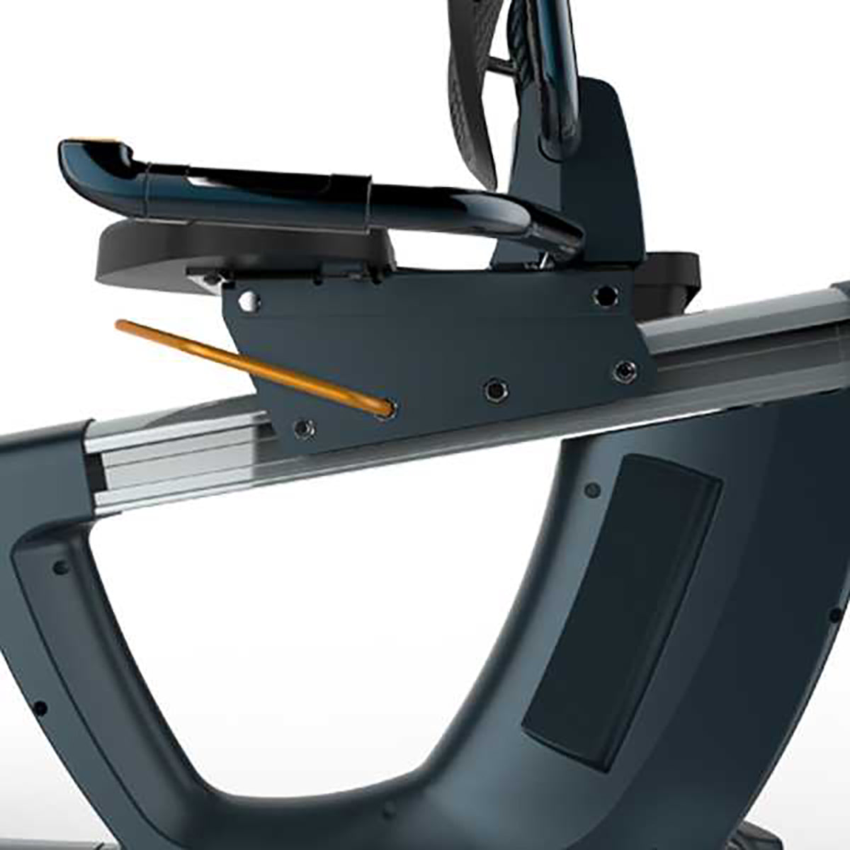 Encore Recumbent Bike GG-RB-010 in black. Side view of the adjustable seat