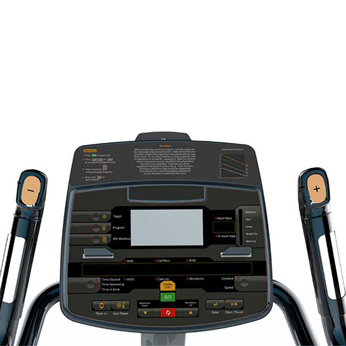 Encore Upright Bike GG-UB-010 in black. close up of the control monitor and the Hand heart rate+wireless heart rate from the front