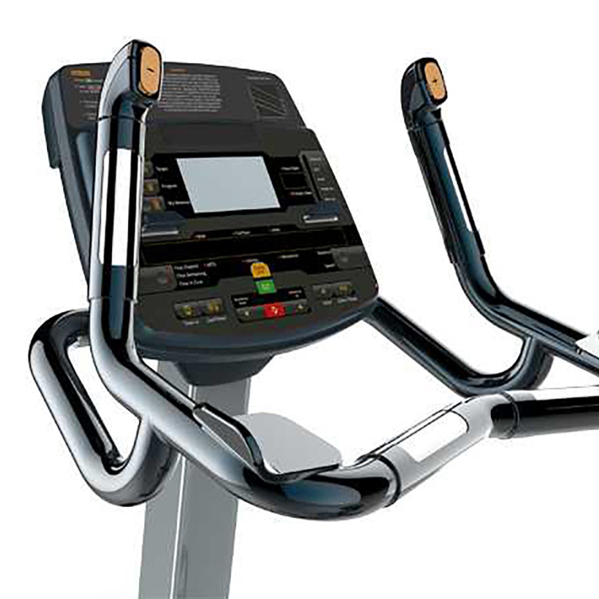 Encore Upright Bike GG-UB-010 in black. Close up of the Hand heart rate+wireless heart rate from the side view