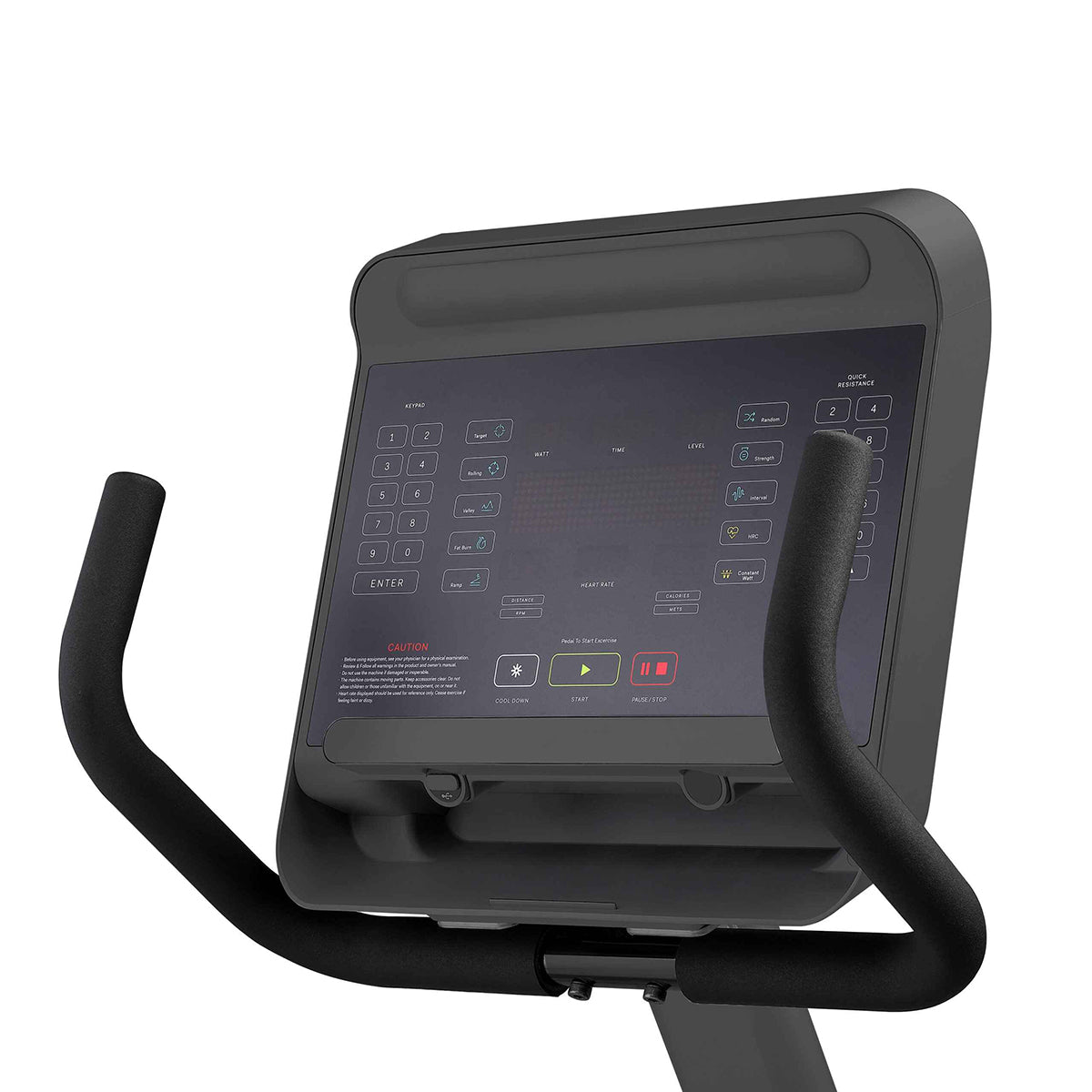 Gym Gear R97 Recumbent Bike GG-RB-002 in black. Close up of the touch control monitor