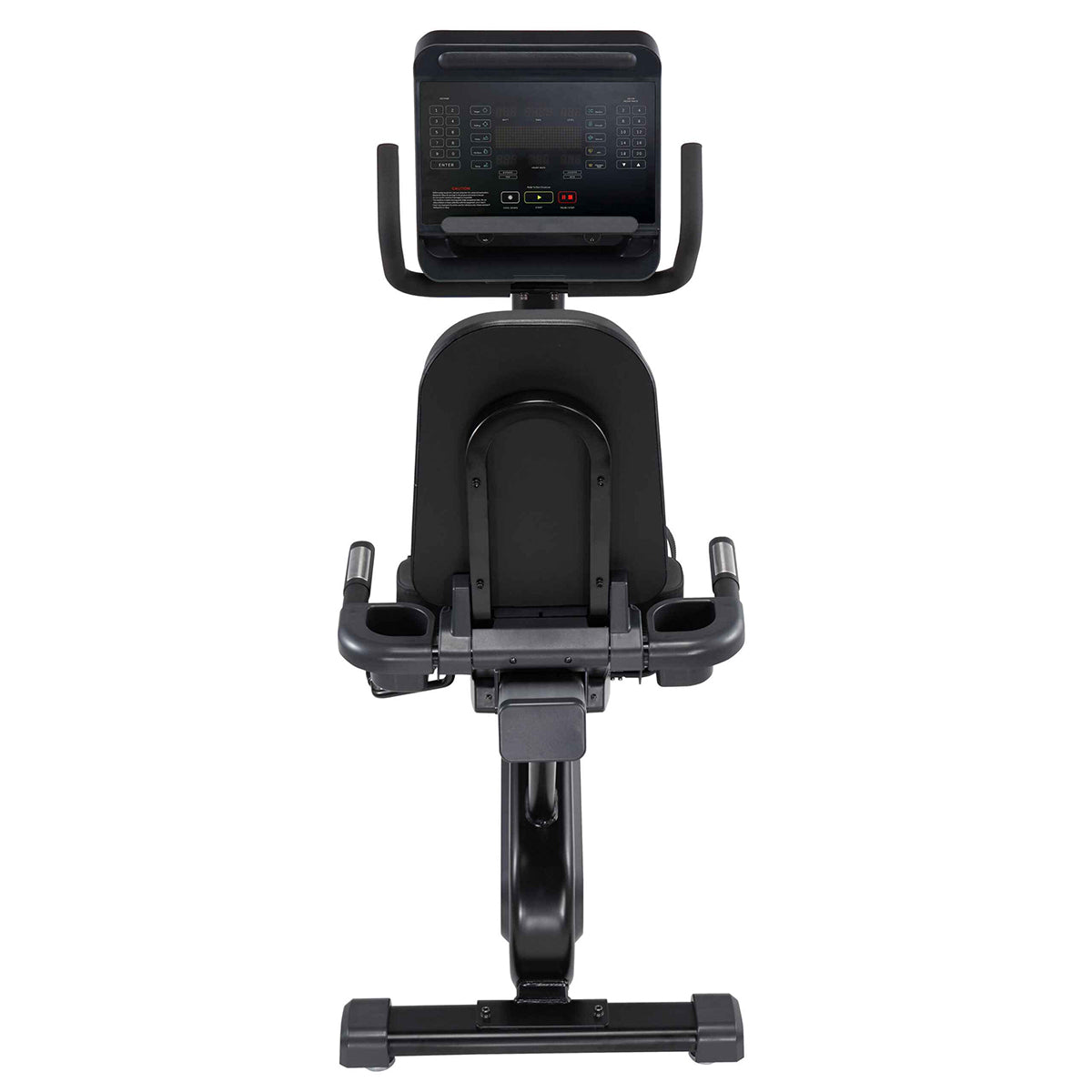 Gym Gear R97 Recumbent Bike GG-RB-002 in black. Full view of the. machine from the back