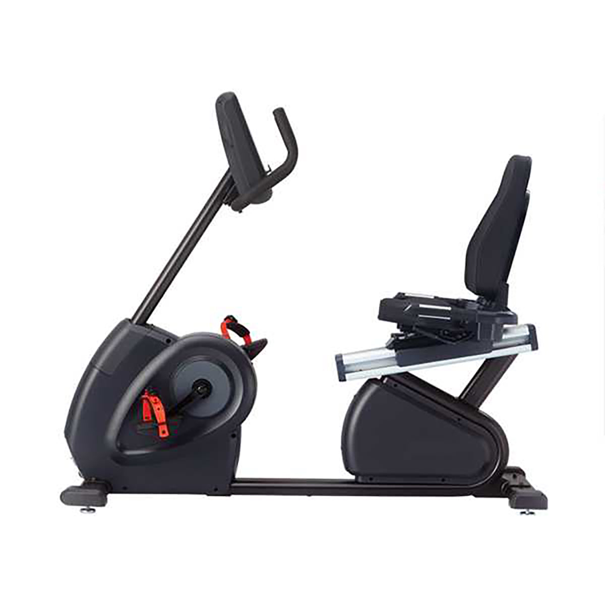 Gym Gear R97 Recumbent Bike GG-RB-002 in black. Full view of the machine from the side