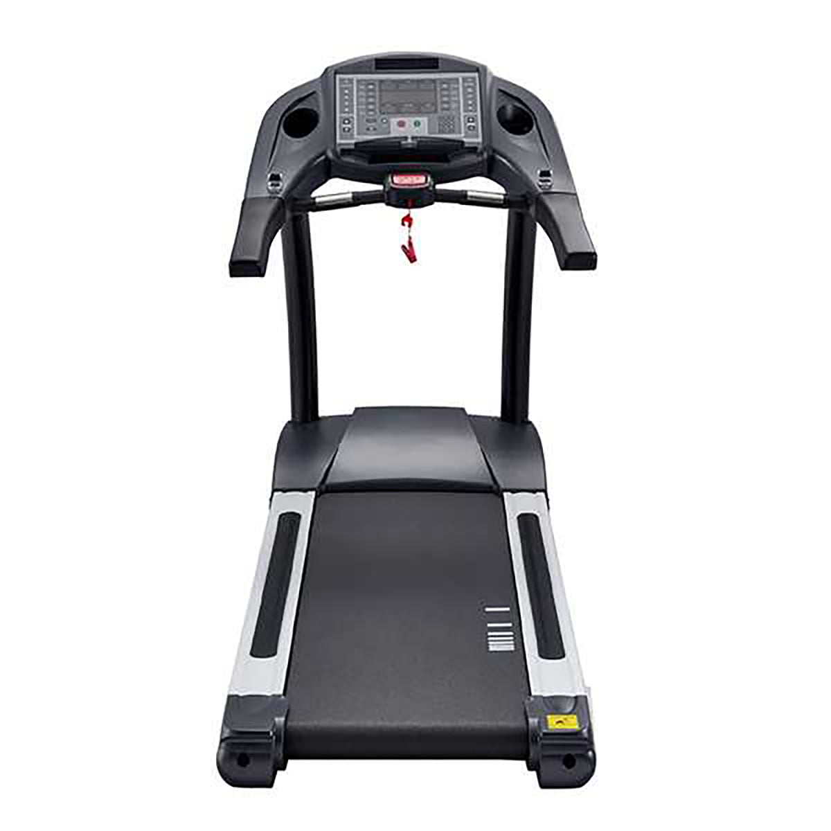 Gym Gear T97 Commercial Treadmill GG-T-003 in black. Full view of the machine from the back