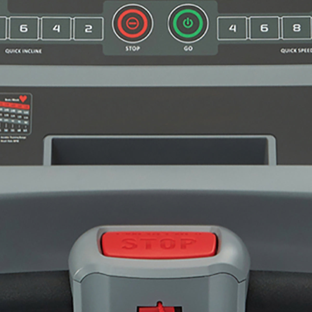 Gym Gear T98 Treadmill GG-T-002 in black. Close up of the emergency stop button