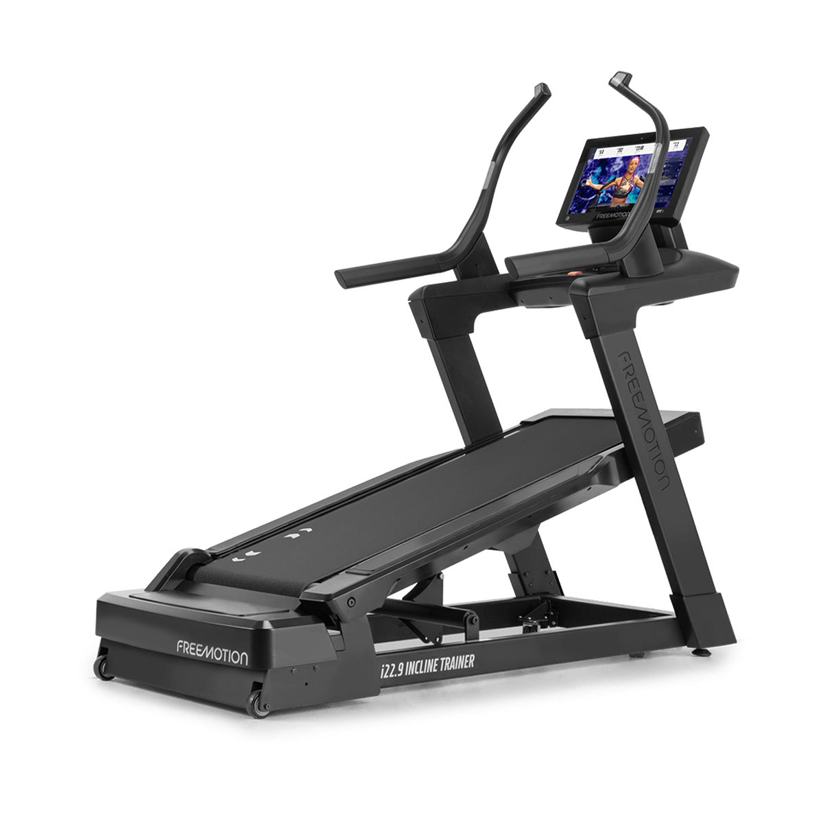 Freemotion i22.9 Incline treadmill Trainer in black and inclined, at a diagonal angle