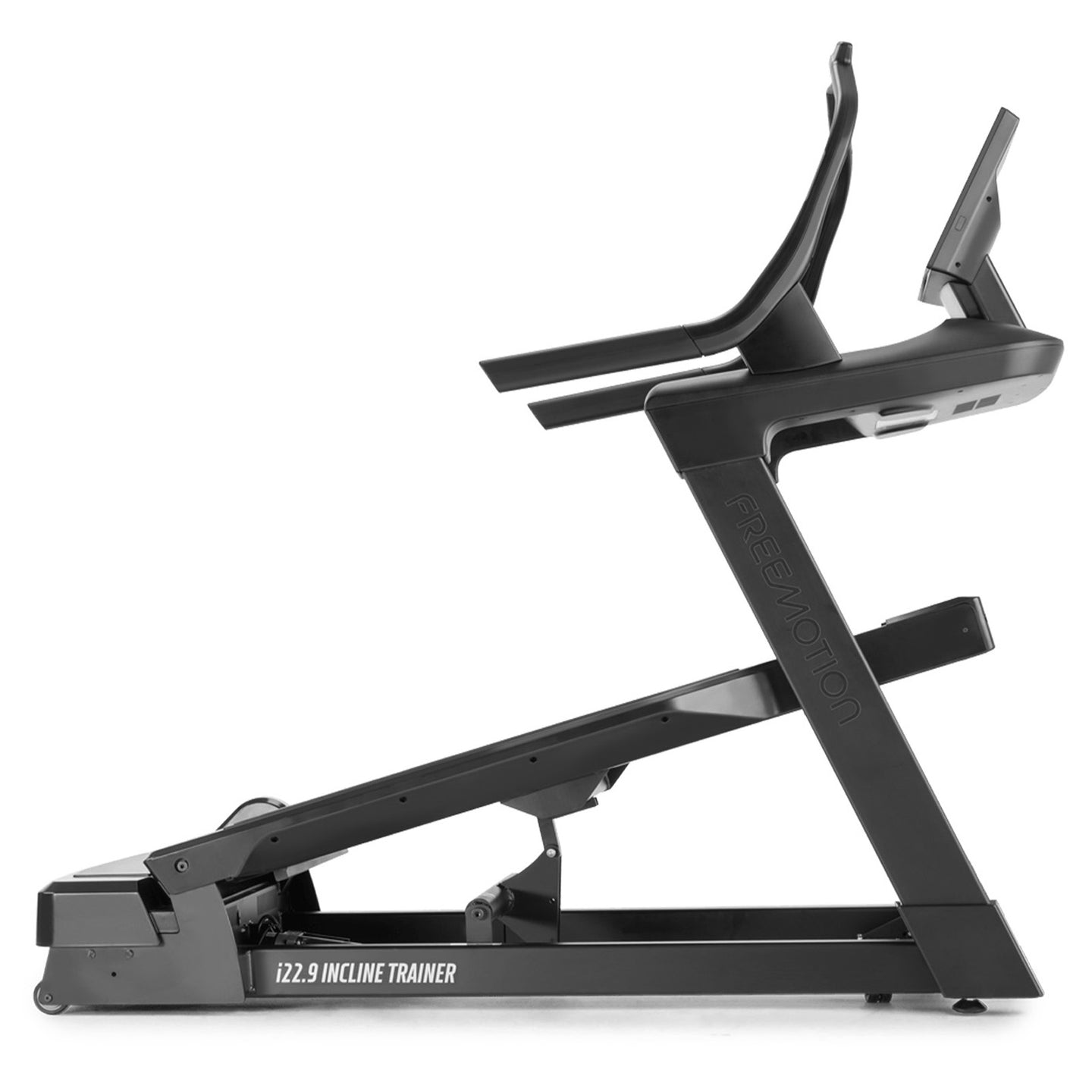 Freemotion i22.9 Incline treadmill Trainer in black and inclined, side on view