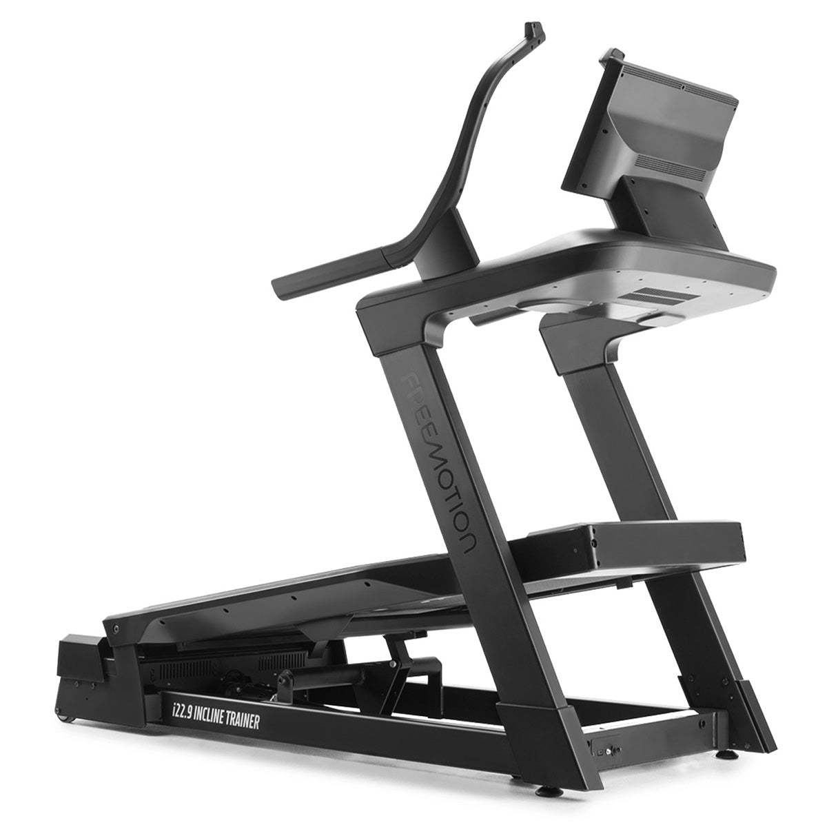 Freemotion i22.9 Incline treadmill Trainer in black and inclined, front on view