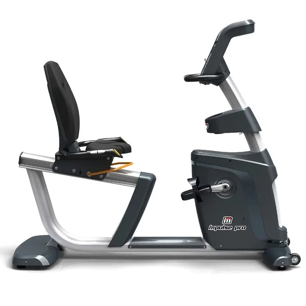 Impulse RR700 Recumbent Bike in black. Full view of the side of the bike