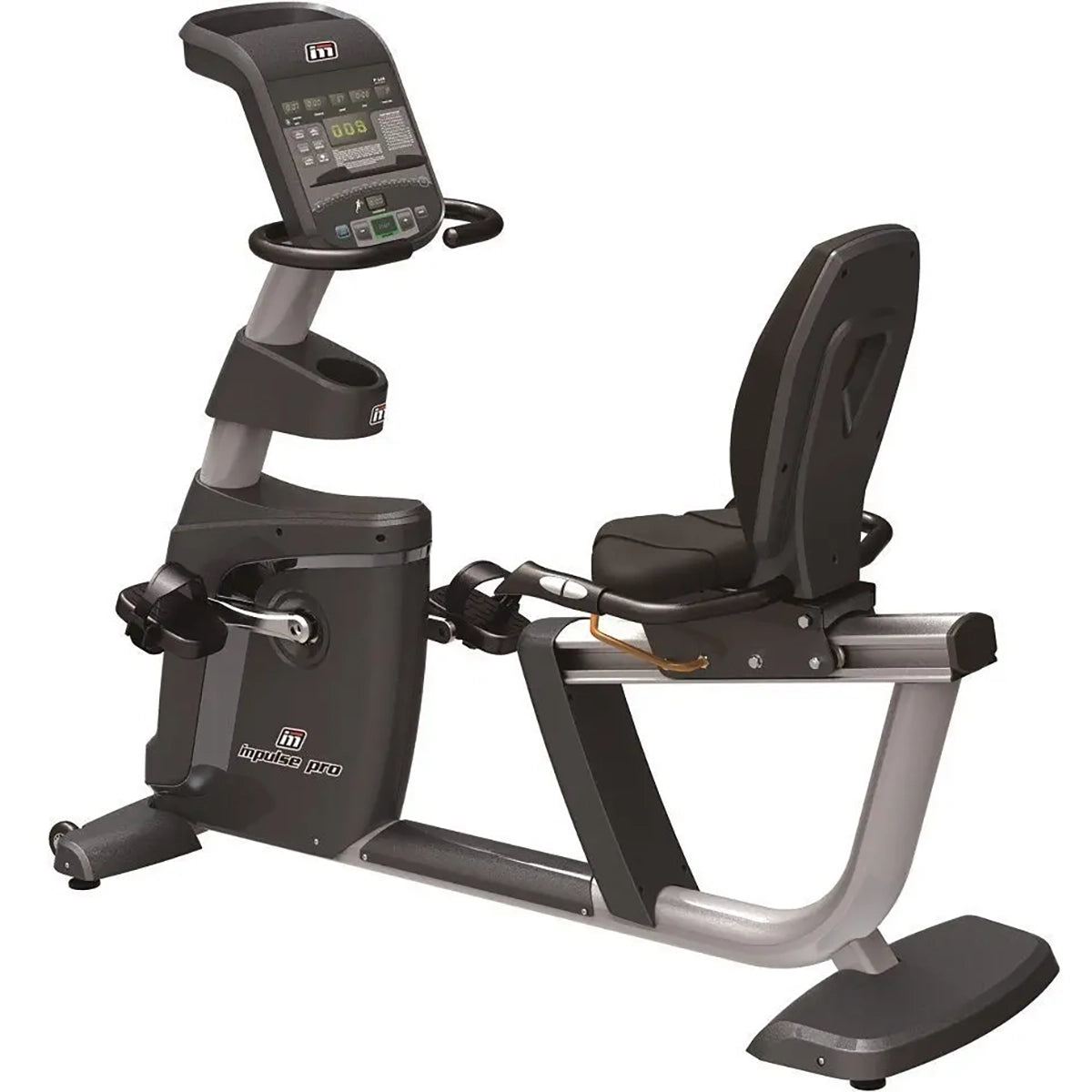 Impulse RR700 Recumbent Bike in black. Full view of the bike