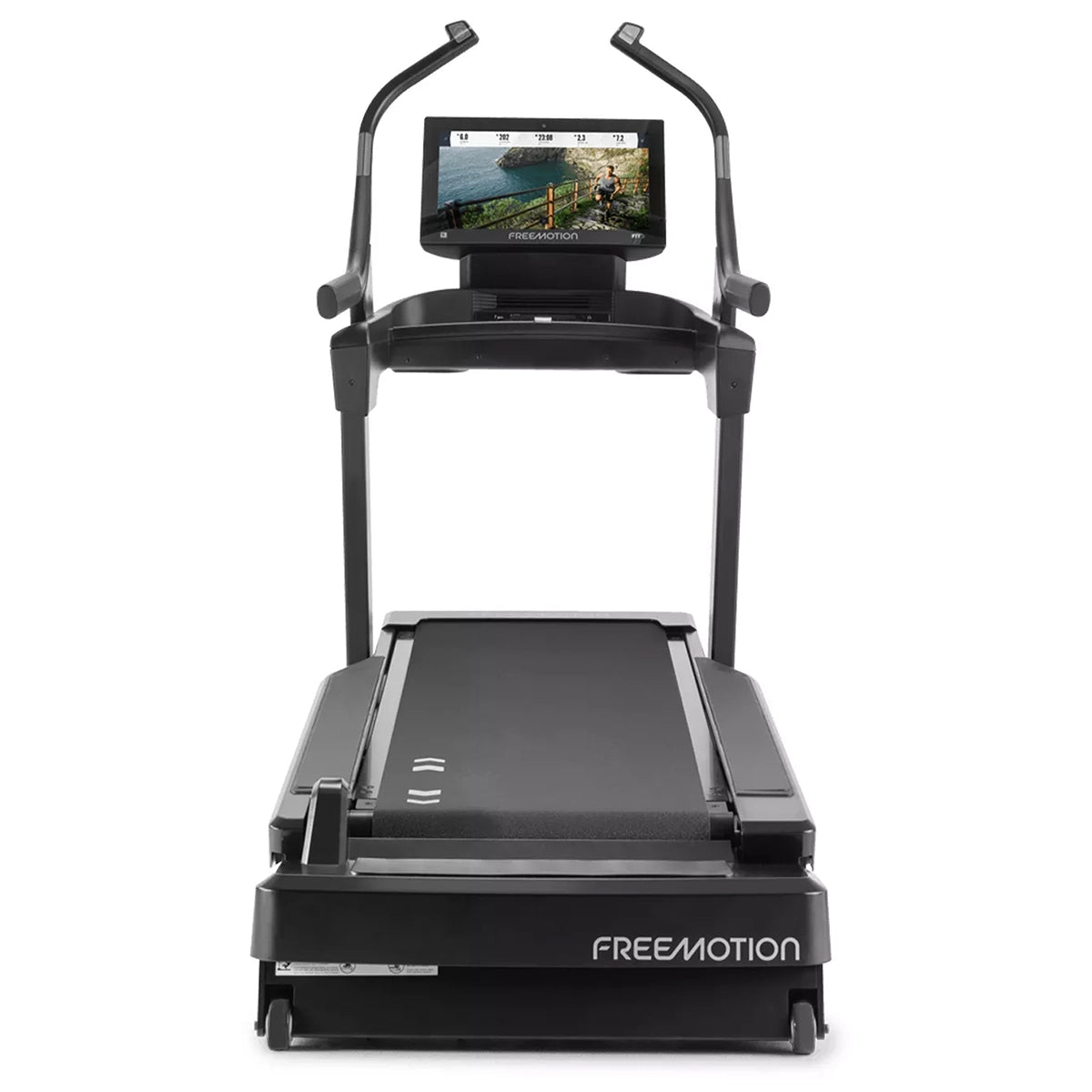 Freemotion i22.9 Incline treadmill Trainer in black and inclined, back view