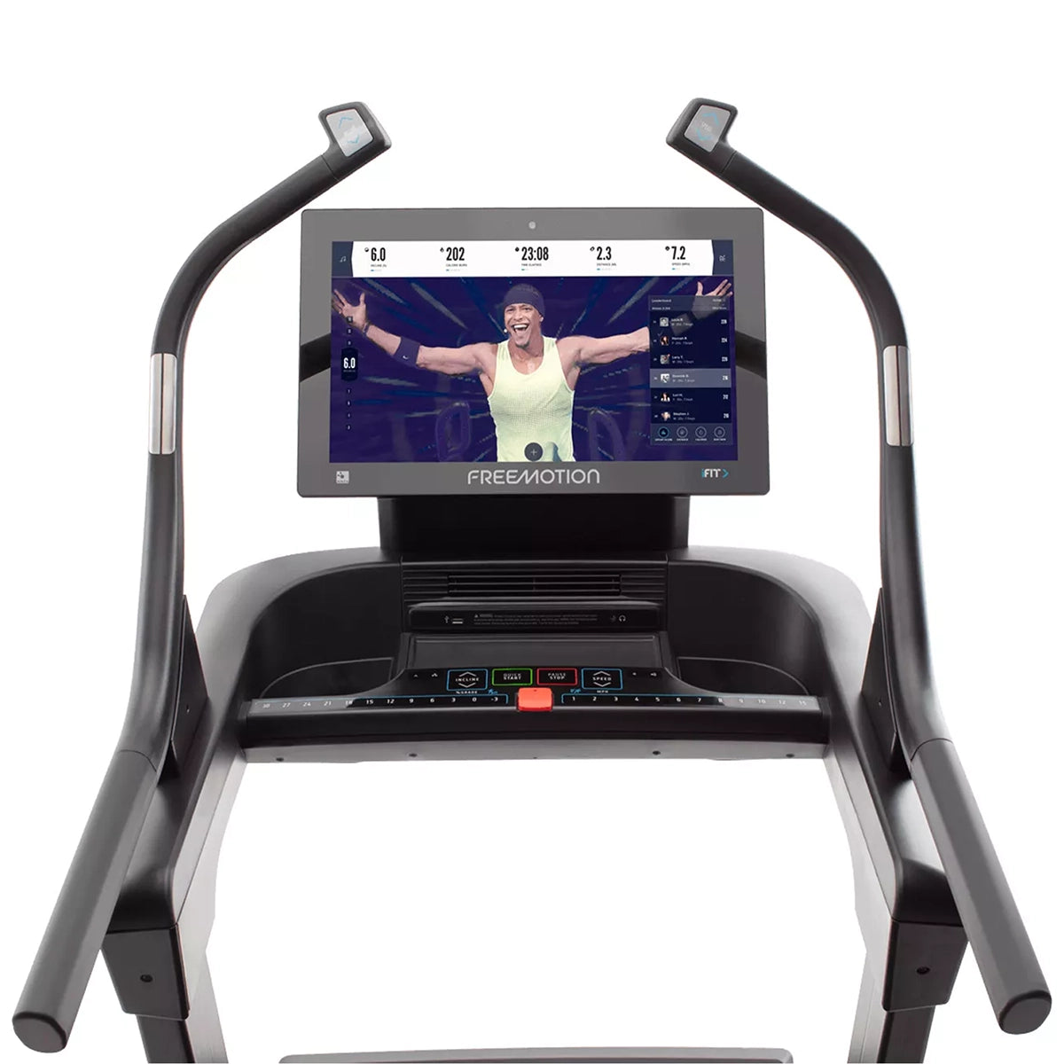 Freemotion i22.9 Incline treadmill Trainer in black and inclined, close up on monitor and controller